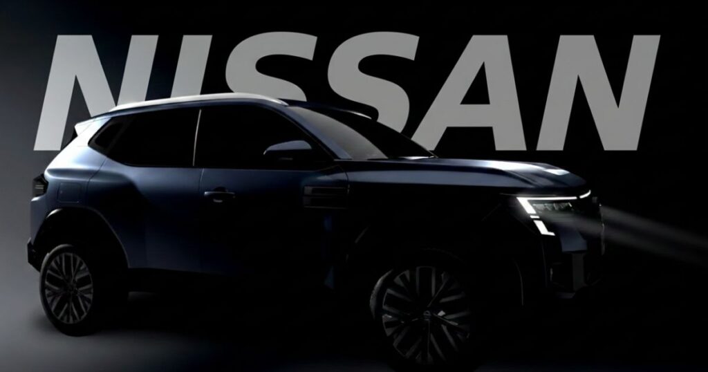 Nissan Tekton front grille with massive chrome Nissan logo flanked by sharp C-shaped LED headlights and DRLs, Patrol-inspired design, February 2026 launch