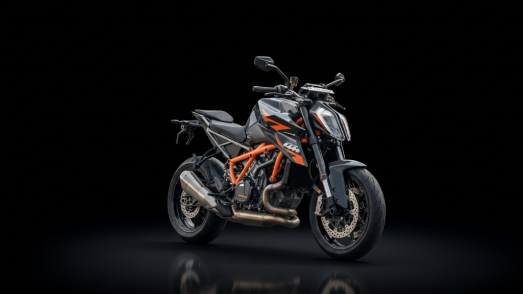 "Orange KTM 1390 Super Duke R 2026 dashboard showing live Google Maps with Mumbai traffic"